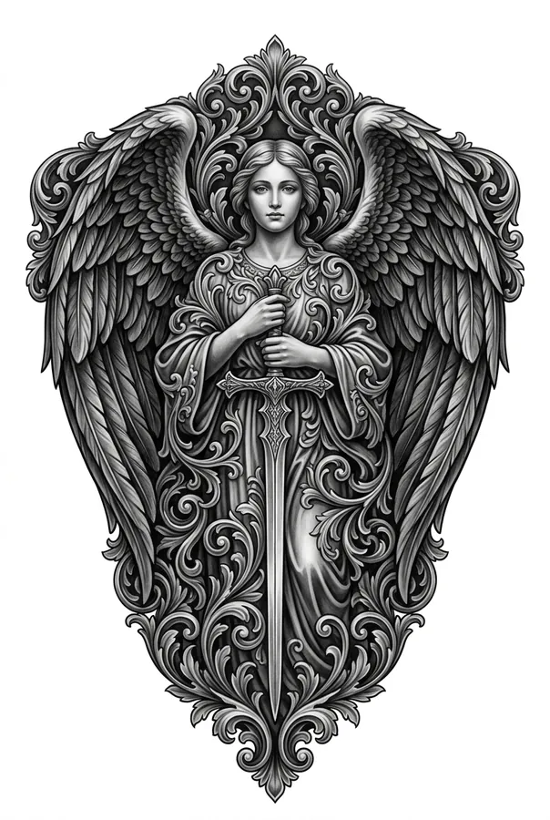 A robed angel with wings holding a sword, in black and grey realism