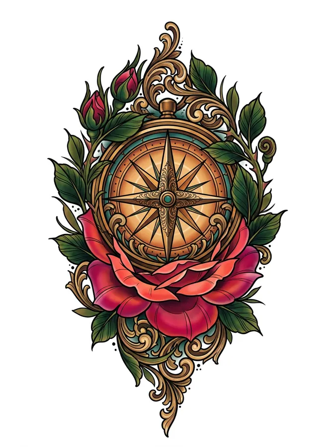 A compass framed by roses in neo-traditional tattoo style
