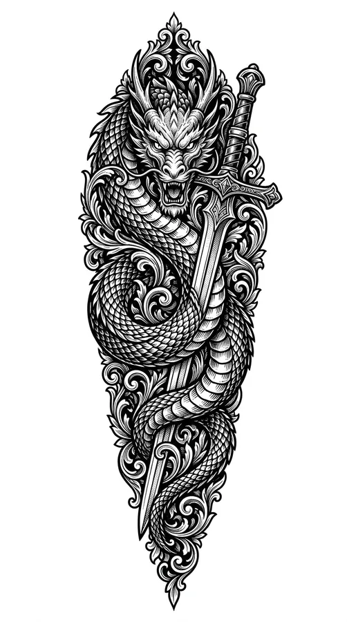 A dragon coiled around a long sword in blackwork tattoo style