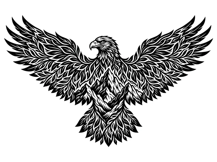 An eagle with spread wings and a mountain range inside it, in black ink