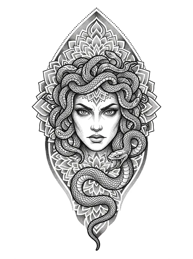 Medusa's face with her hair turning into snakes, shaded in dotwork