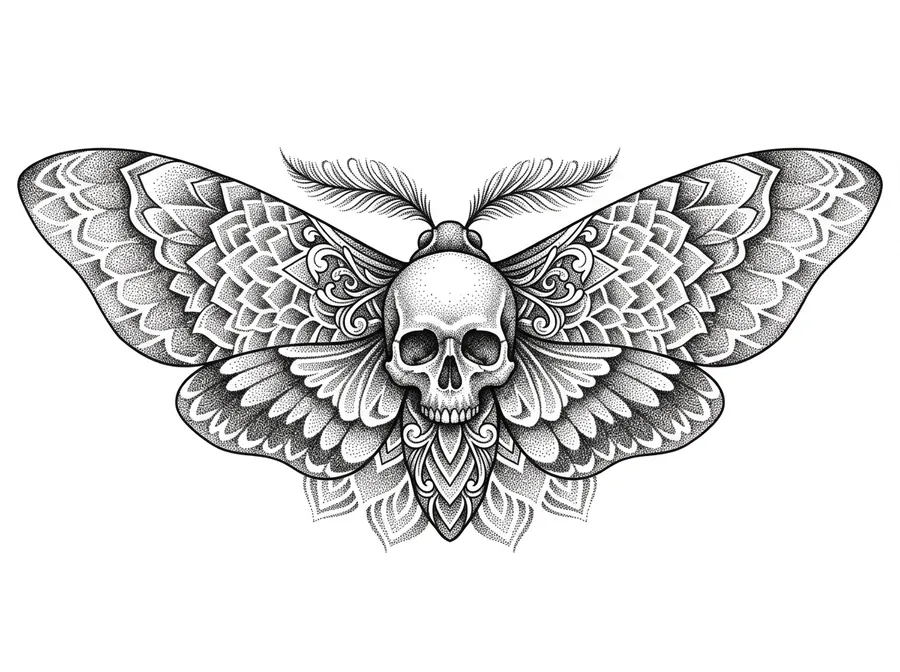 A symmetrical moth with a skull on its body, shaded in dotwork