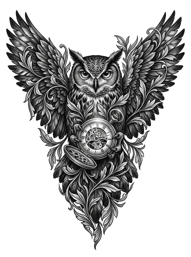 A realistic owl holding a pocket watch, in black and grey