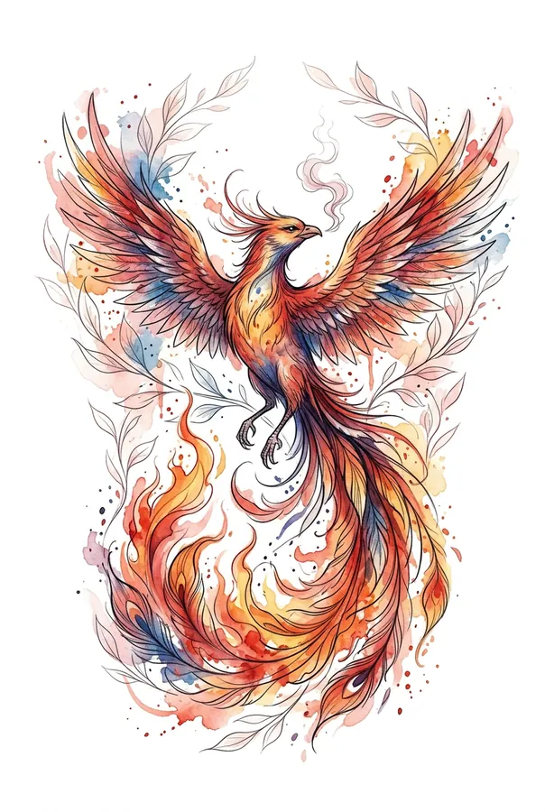 A phoenix rising with its tail feathers turning into flames, in watercolour tattoo style