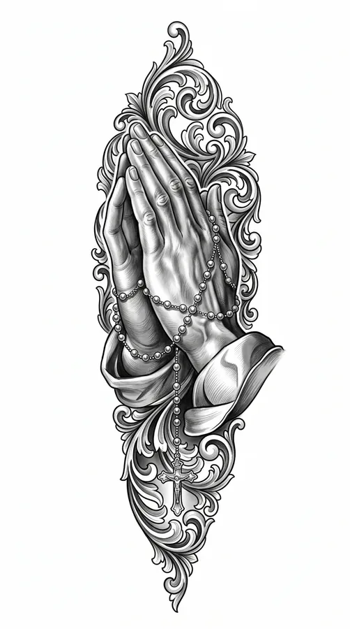 Praying hands with a rosary wound through the fingers, in Chicano black and grey