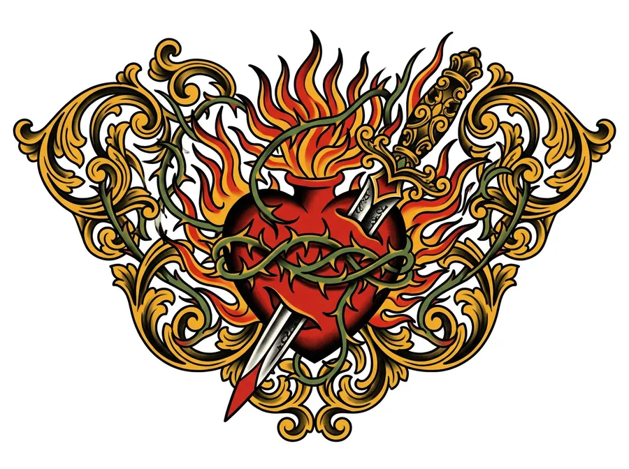 A flaming sacred heart pierced by a dagger in American traditional tattoo style