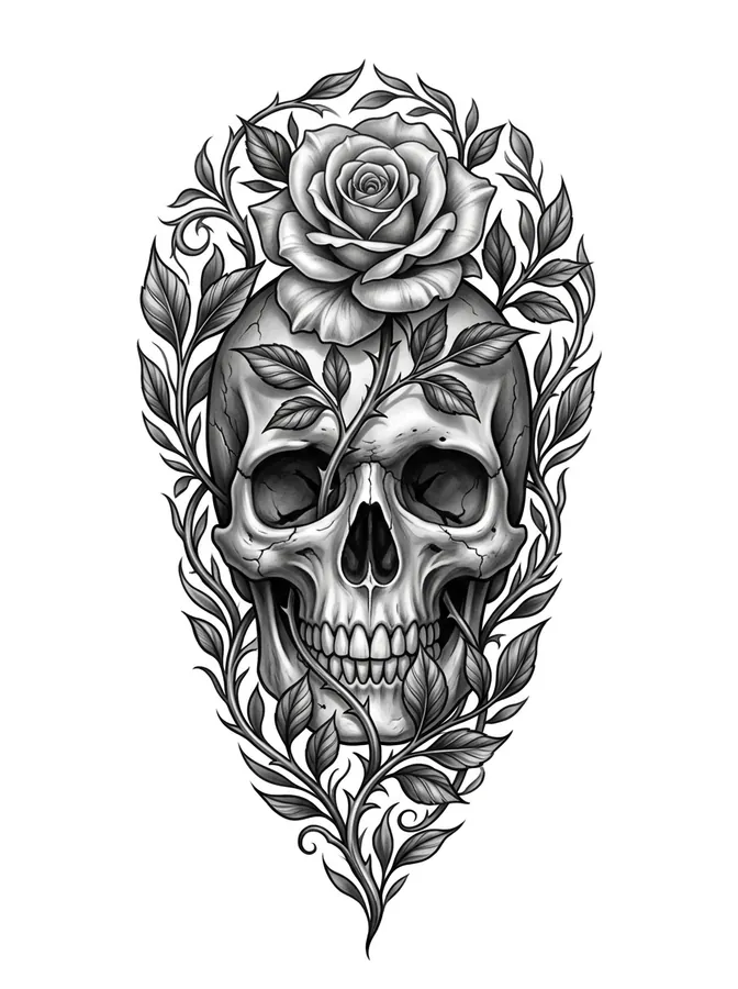 A black and grey skull with roses growing out of it