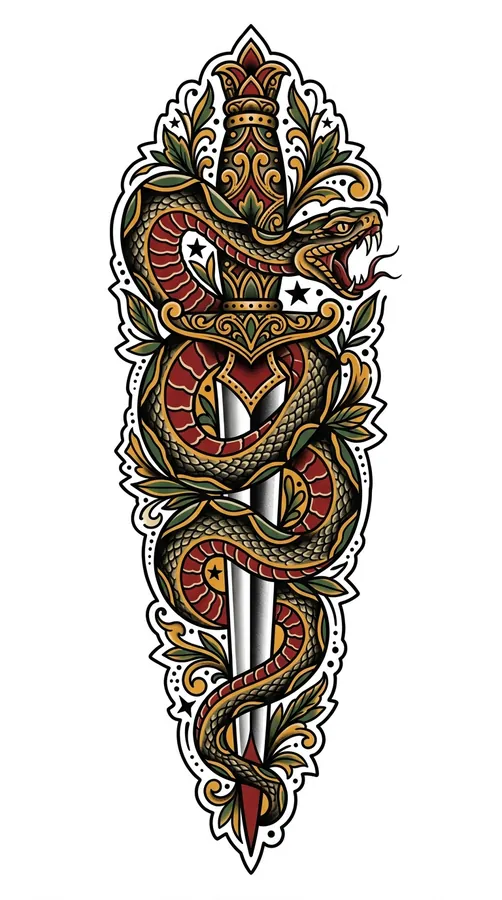 A snake winding around a dagger in American traditional tattoo style