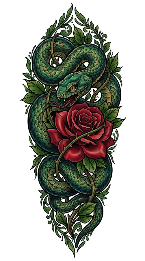 A snake coiled around a rose stem in neo-traditional tattoo style, drawn tall for a forearm