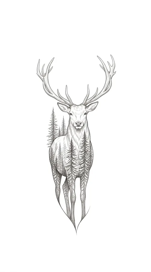 A stag's silhouette with a pine forest inside it, in fine line tattoo style