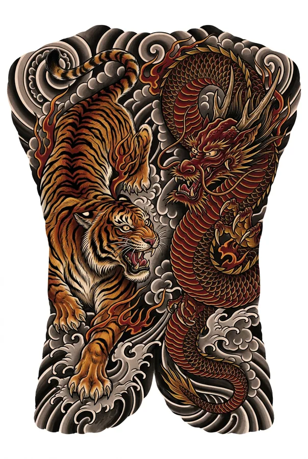 A tiger and a dragon facing each other in Japanese tattoo style