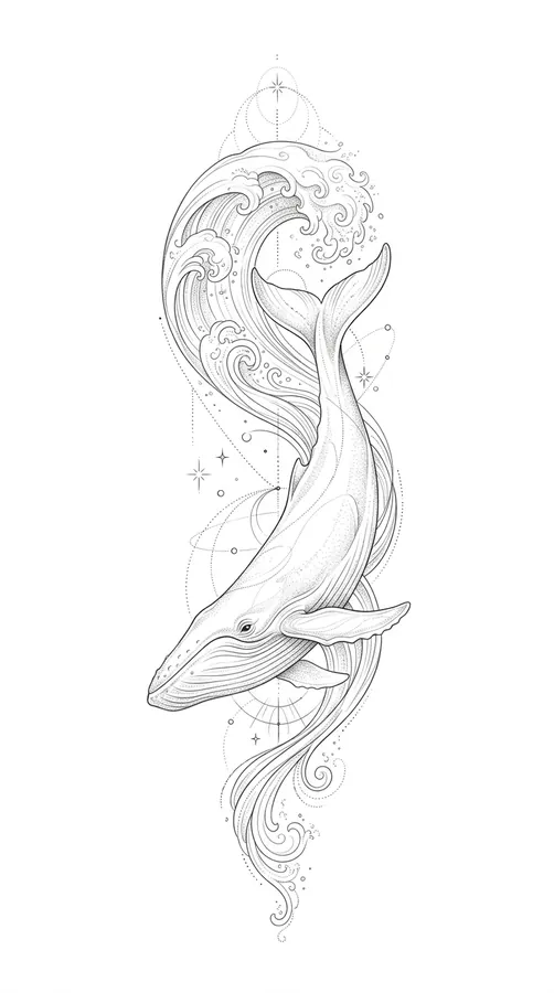 A whale whose tail turns into a breaking wave, in fine line tattoo style