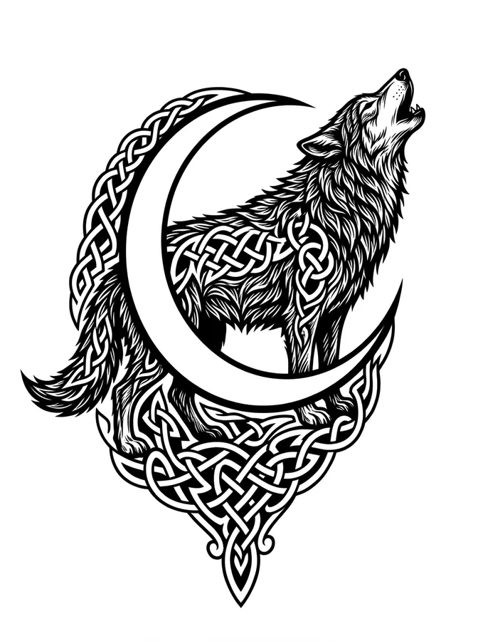 A wolf's head with a crescent moon worked into it, in black ink