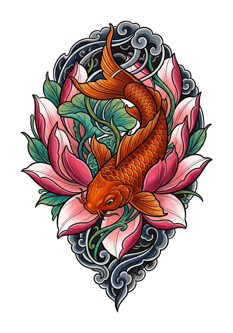 An orange koi framed by pink lotus petals and Japanese cloud scrolls, in colour