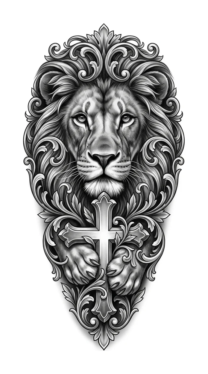 A front-facing lion holding a cross in its paws, woven together with baroque filigree, black and grey