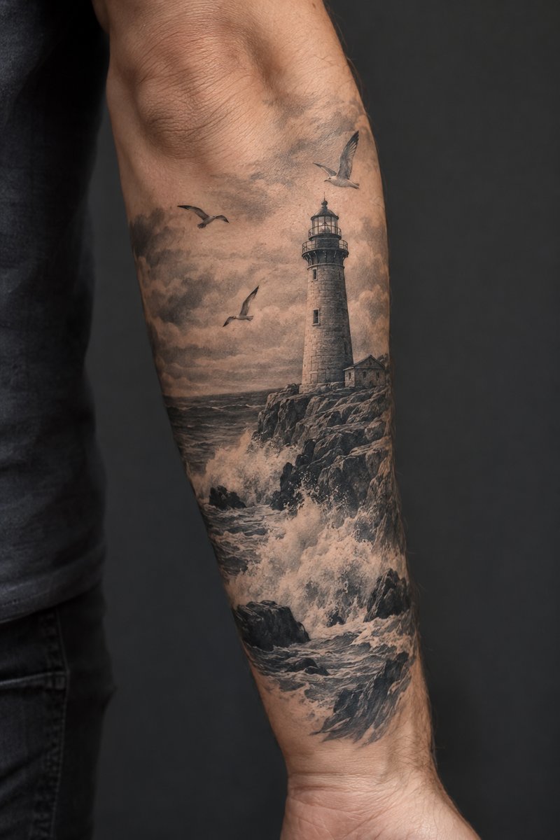 A black and grey lighthouse tattoo on a forearm